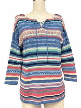 Chaps Denim Striped Lace-Up Knit Sweater Pullover Medium